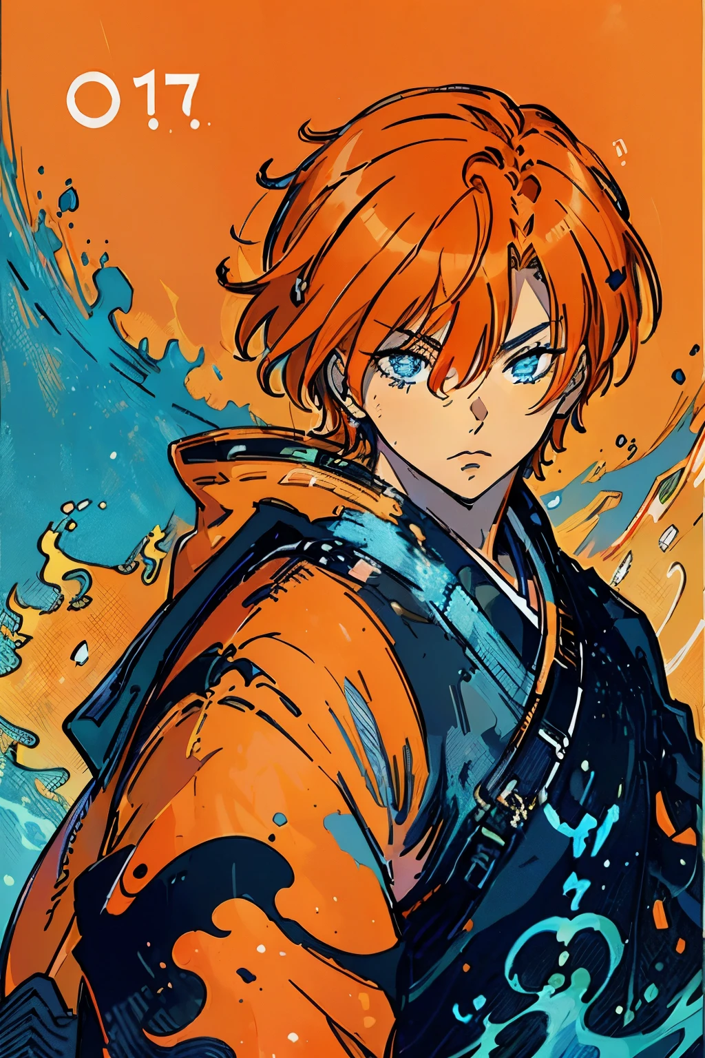 um jovem, de 17 anos,((oversised clotes)).((orange hair)),((blue eyes)),((japan backgroud)).