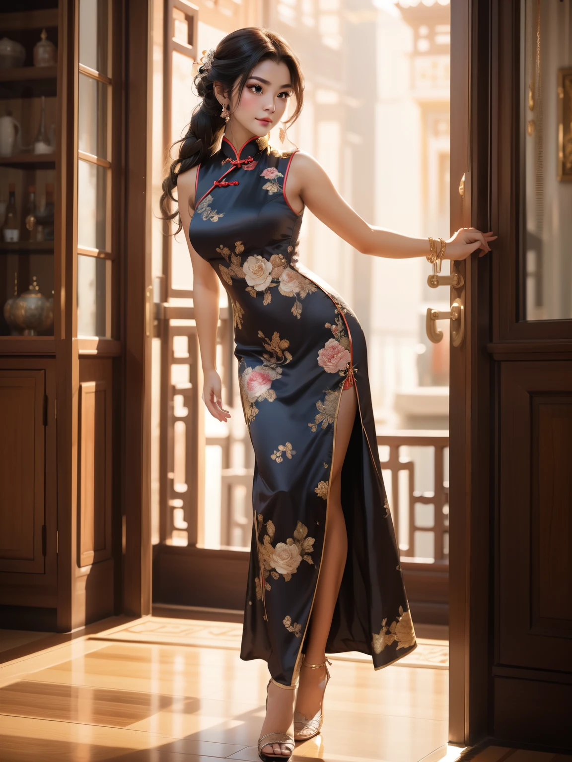 (Best Quality, 8K, Masterpiece: 1.3)), Focus: 1.2, Wearing Traditional Chinese Costume, Gray satin Cheongsam, Sleeveless, Split End, Full Body Photo, Standing Pose, Highly Detailed Facial and Skin Texture, Detailed Eyes, Double Eyelids, Whitened Skin, Fluffy chubby body, Brunette color hair, Neatly tied updo hair, Super detailed face, Detailed lips, Detailed eyes, Single Eyelids, Front posture, Big breasts, seductive, Orgasmic face, Beautiful feet,