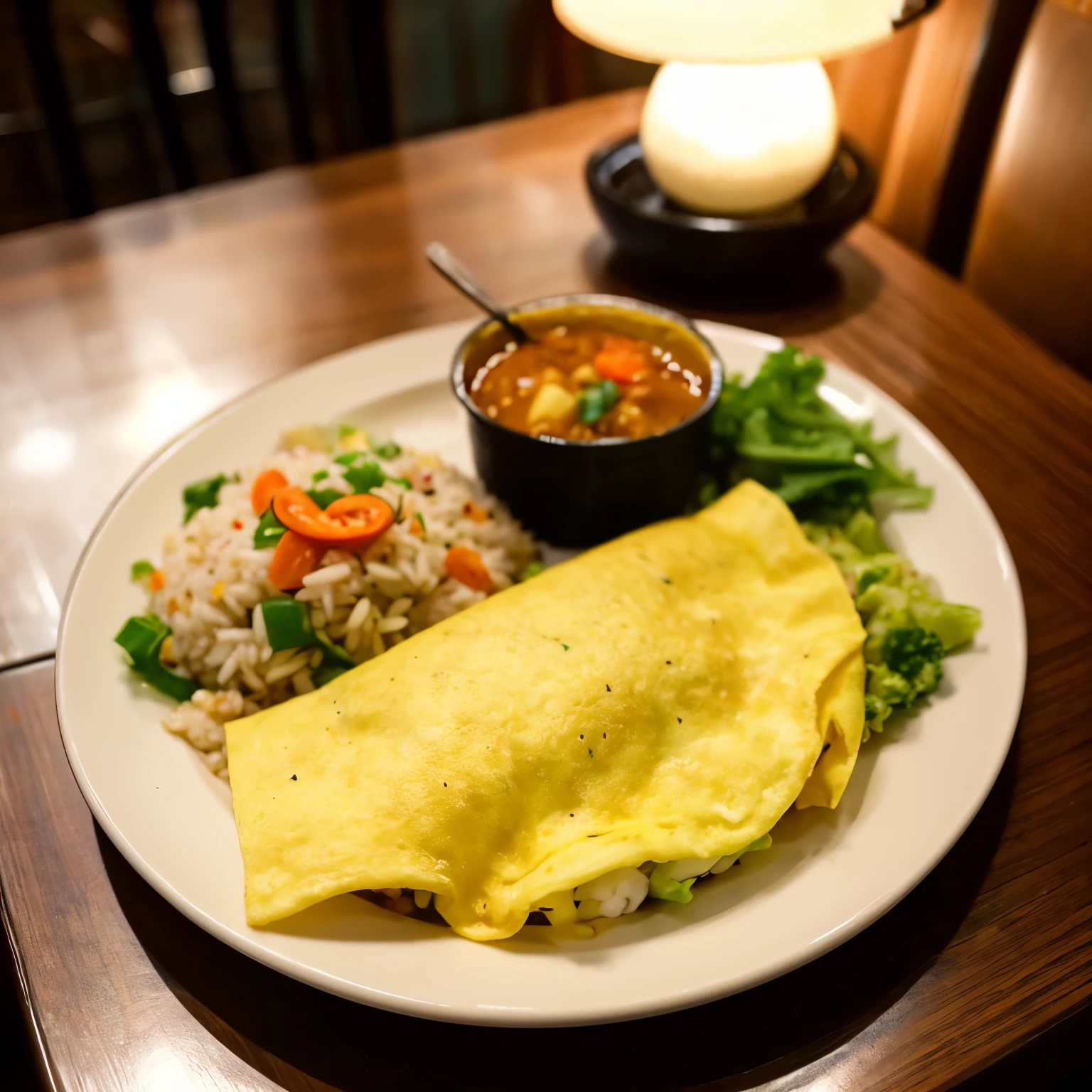 A plain omelet on the side of fried rice on a plate, a table seat in a restaurant, a cat sleeping on a chair opposite each other,