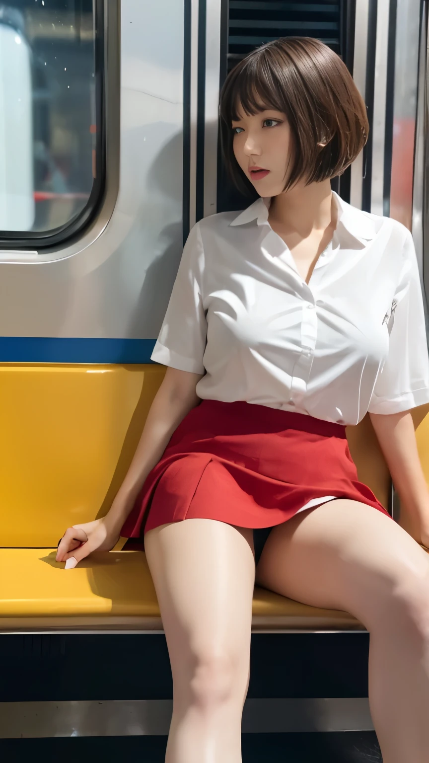 mix4, 20d, short_hair, shirt, high_heels,full_body, look_at_viewer, (8k, RAW photography, top quality, masterpiece:1.2), (realistic, photorealistic:1.37), professional lighting, photon mapping, radiosity,physically based rendering、highest quality、masterpiece、high school girl、pantyhose、She sits on a train chair with her legs wide open、((shot from below front))、Plump big breasts、medium bob hair、white shirt、pleated skirt、looking at the viewer、red face、white panties、wet clothes、