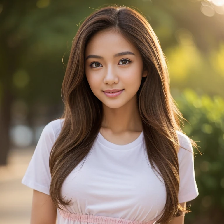 Classy innocent malay babe, very beautiful, typical malay hazel eyes, slim figure, sweet character, (wears modest dress), large breast inside dress, professional lighting, portrait, blur background, (dynamic range: 1.2), great scene, midshot, full chest, ((buttoned white shirt)), resort background, golden ratio: 1.1, free hair, fluffy brown highlighted hair, wavy hair, full body, pretty smile, pink lips, model, posing, side body, perfect body, model in middle of frame, center, bed