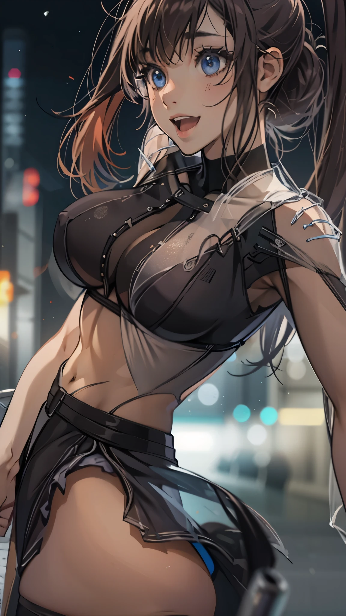 woman,20-year-old,,city,night,white tight miniskirt bodysuit,(),open mouth smile((See-through))glasses,((beautiful long ponytail))