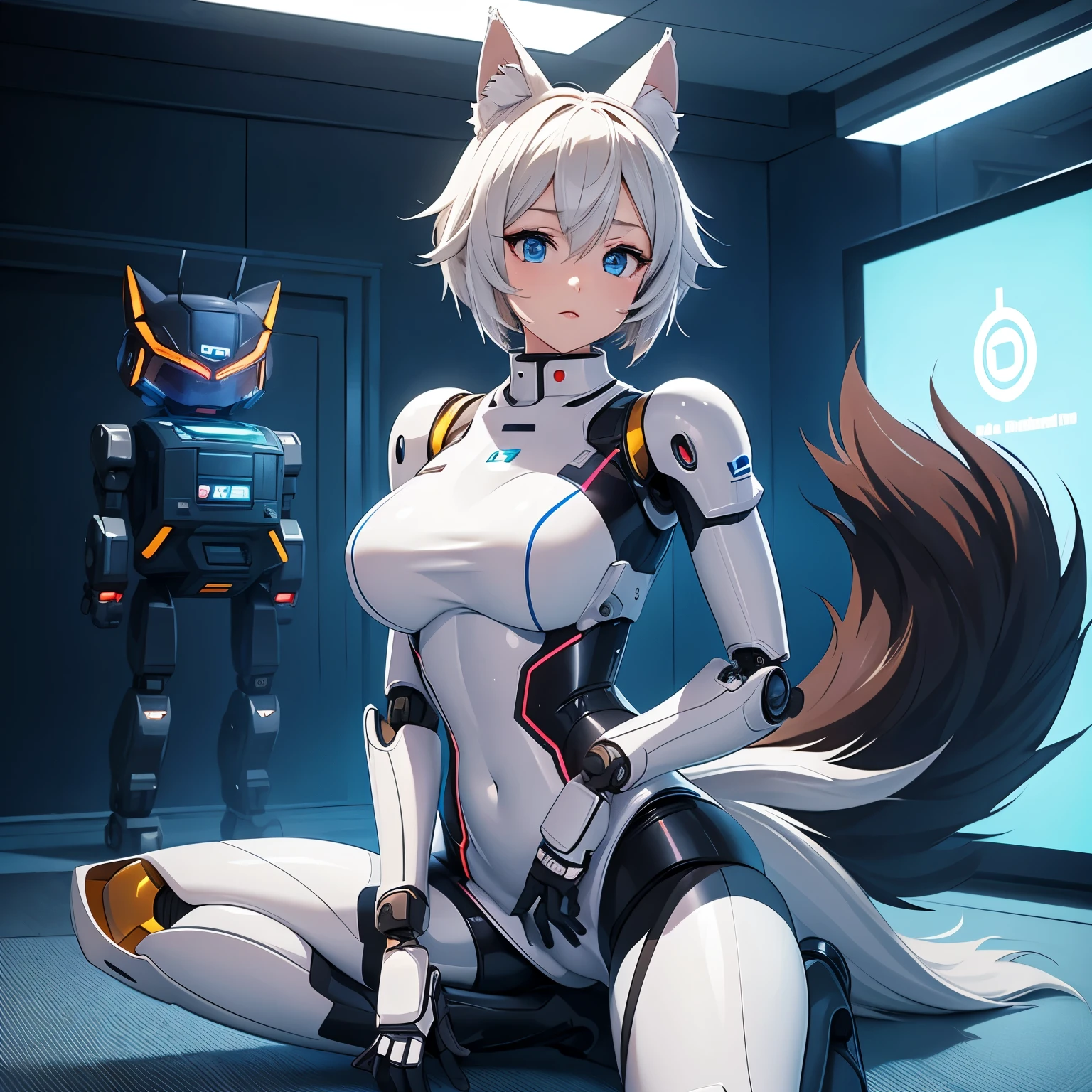 NSFW anime image of an Android robot girl who has a robotic body, is in underwear and has wolf ears and a tail