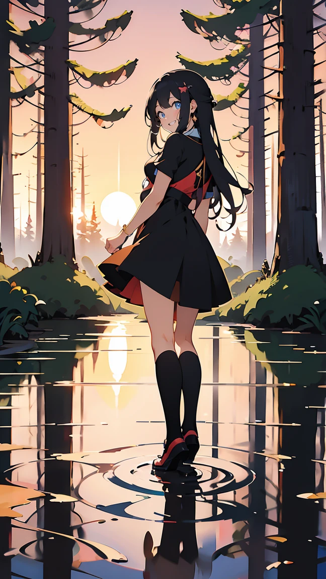 masterpiece, best quality, ultra detailed, anime girl with long hair and a black dress posing for a picture, sayori, Cute girl anime visual, anime moe art style, in a dress, anime girl weaAlsog a black dress, pretty anime girl, (anime girl), cute anime girl, Cute anime wife in a nice dress, attractive anime girl, beautiful anime girl, Also, Smooth anime CG art, cityscape,dusk, gradient sky,horizon,(mountainous horizon:1.1),orange sky, sunlight, sunrise, sunset,(tree:1.3),(Sunset reflected in a puddle:1.4),(in the forest:1.5),(puddle:1.3), after rain,