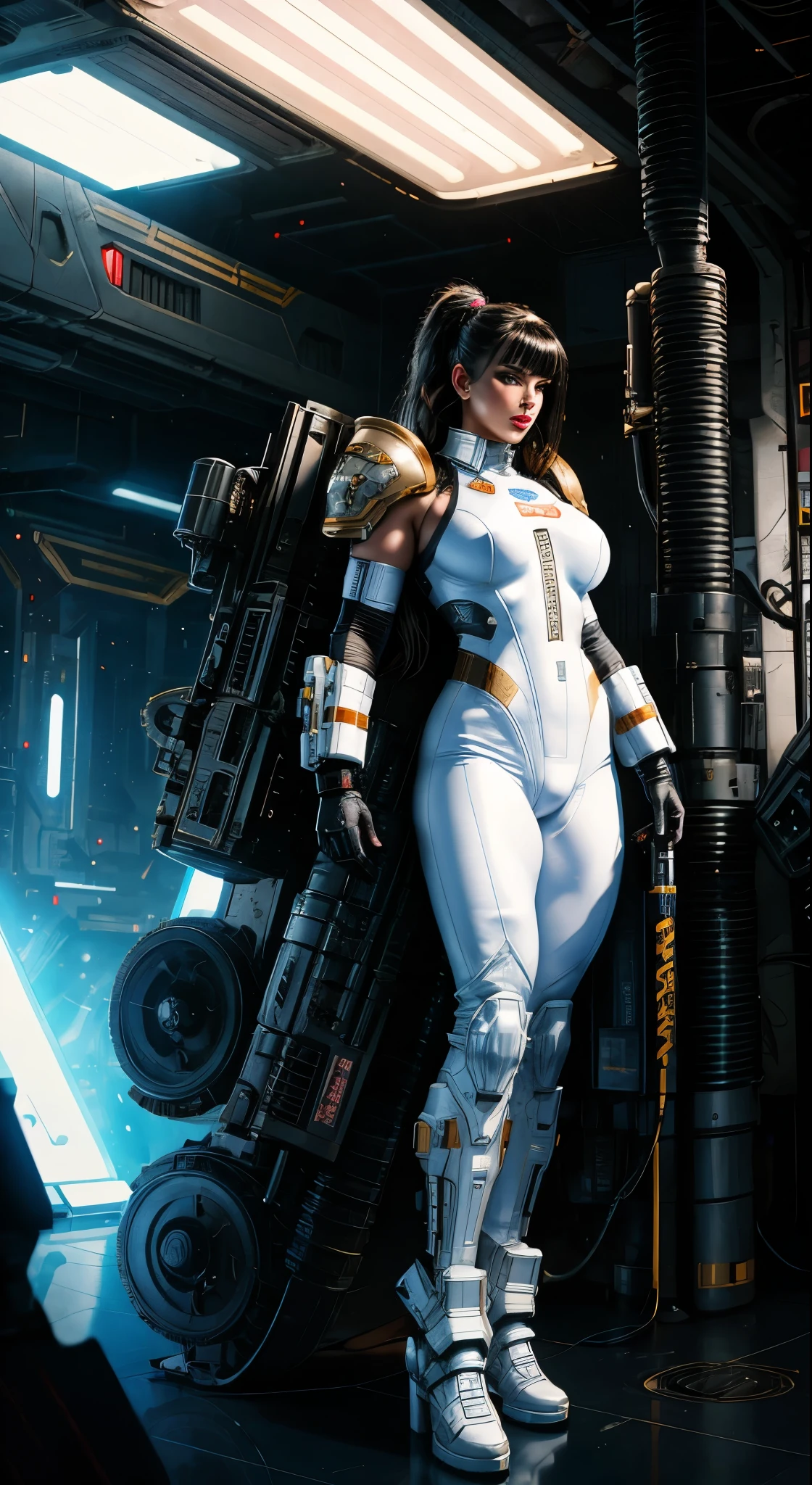 Alison Tyler as a cyberpunk future warrior holding a massively oversized gatling gun. wearing a white armored swinsuit cyberpunk, Perfect body, bodybuilder, parted lips, against a interior spaceship with a interstellar space background, immaculate composition, brian viveros, katsuya terada, tim okamura, dynamic pose, dynamic light and shadow, blade runner, bold high quality