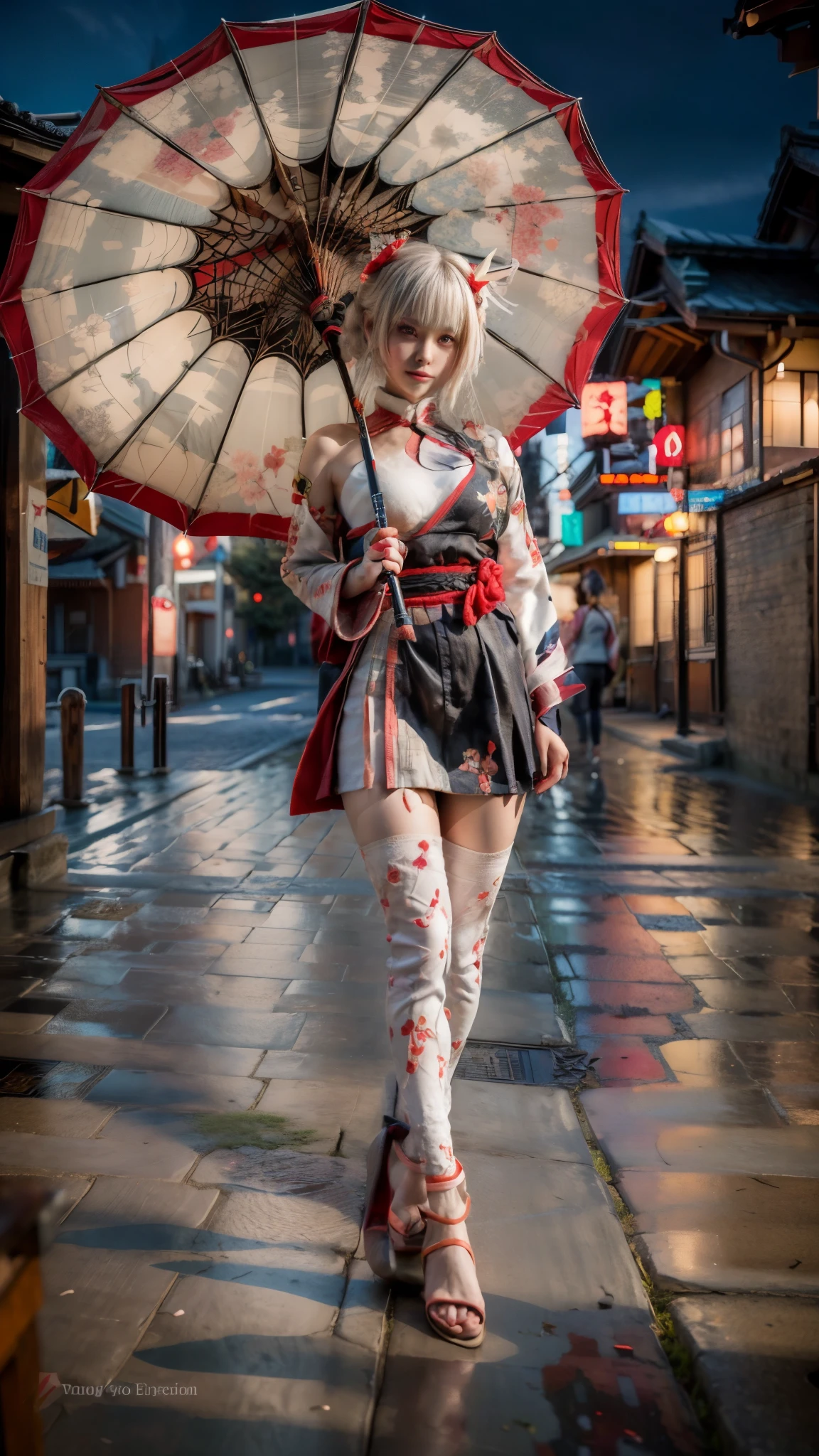 araffe dressed in a japanese style outfit holding an umbrella, anime girl cosplay, very beautiful cyberpunk samurai, japanese goddess, anime cosplay, cyberpunk geisha, haruno sakura, trending on cgstation, in kimono, sakimichan hdri, inspired by Chen Yifei, anime character; full body art, sakimi chan, full body xianxia, cosplay