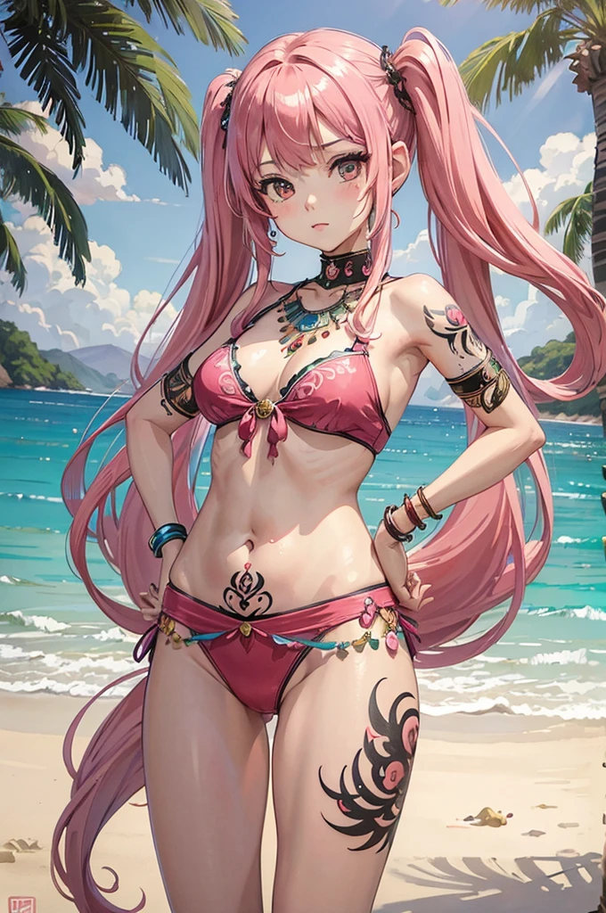 ((best quality)), ((masterpiece)), (detailed), perfect face, oni girl, light red hair, long hair, tropical beach theme, her hands on hips, twin tails hair, belly dancer outfit, shrine theme, night theme, angry expression, Grab your own breasts, gothic demoness, Very cute, dominant , anime screencap, thighs, seductive sweat, yellow eyes, beautiful eyes, wearing mascara, blush, drippy panties