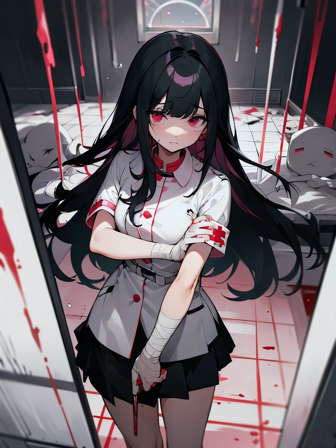 Blood droplets、blood、Internal organs、hospital、白と黒のnurse uniform、Bandages on both arms、Bandage on the leg、have a knife、cadaver、impatient face、be bothered、panic、hospitalの中、hospital room、desolation、window、black hair、pink eyes、long hairBlood droplets、blood、Internal organs、hospital、long hair、Let your hair down、disheveled hair、20-year-old、anxiety、panic、black and white short skirt、nurse uniform、aldult、kind、Blood droplets、short bangs、adult