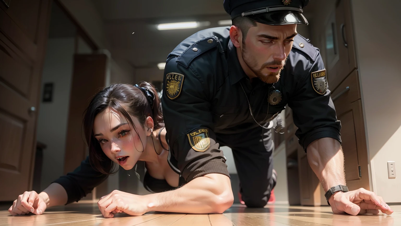 two beefy male police officers having sex on all fours on the floor
