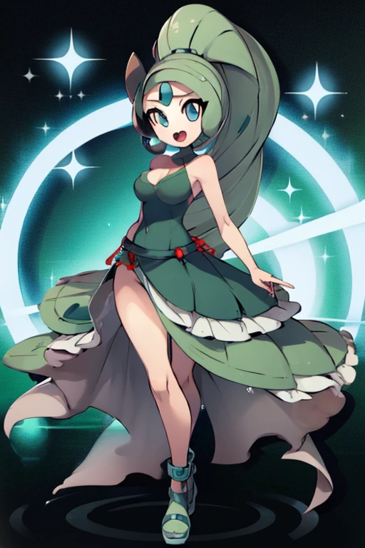 1girl, meloetta, pokemon \(creature\), mobface, blue eyes, :D, full body, black dress, green waist, concert stage, singing, dancing, Zinnia /(pokemon/)