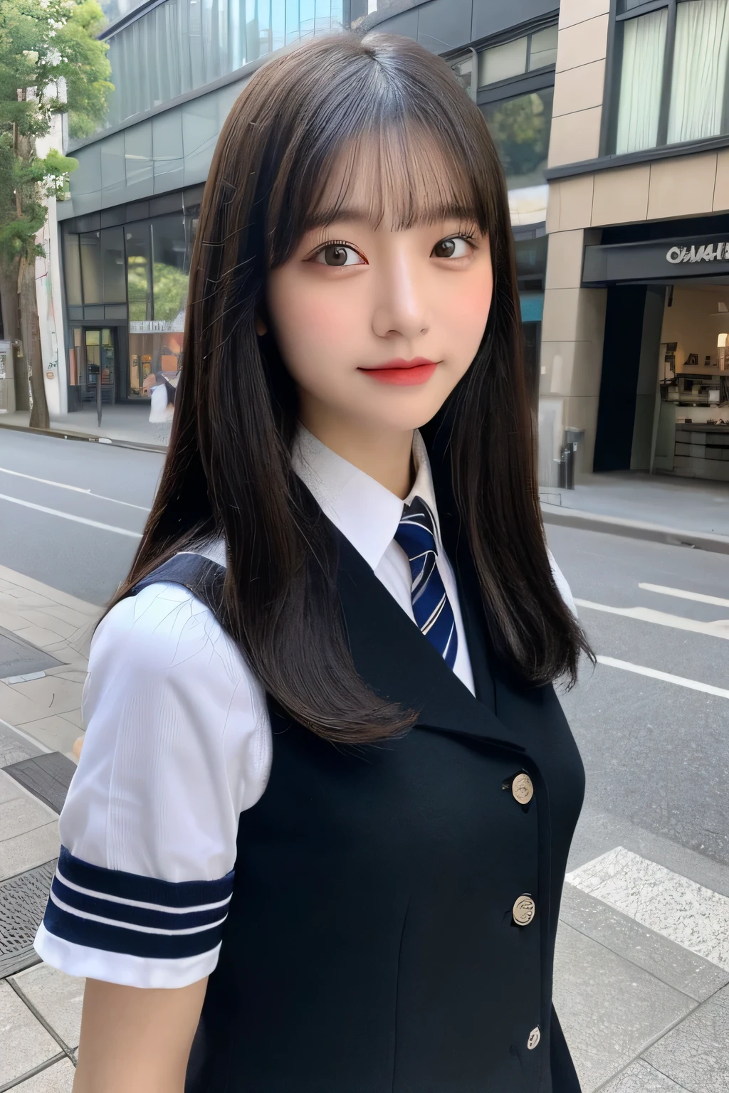 ((highest quality、8K、masterpiece:1.3))、sharp focus:1.2、Beautiful schoolgirl in perfect style:1.4、thin abs:1.2、((long black hair、small breasts:1.2))、(natural soft light、city street:1.1)、Highly detailed face and skin texture、fine eyes、double eyelid、((Uniform 1.5))、