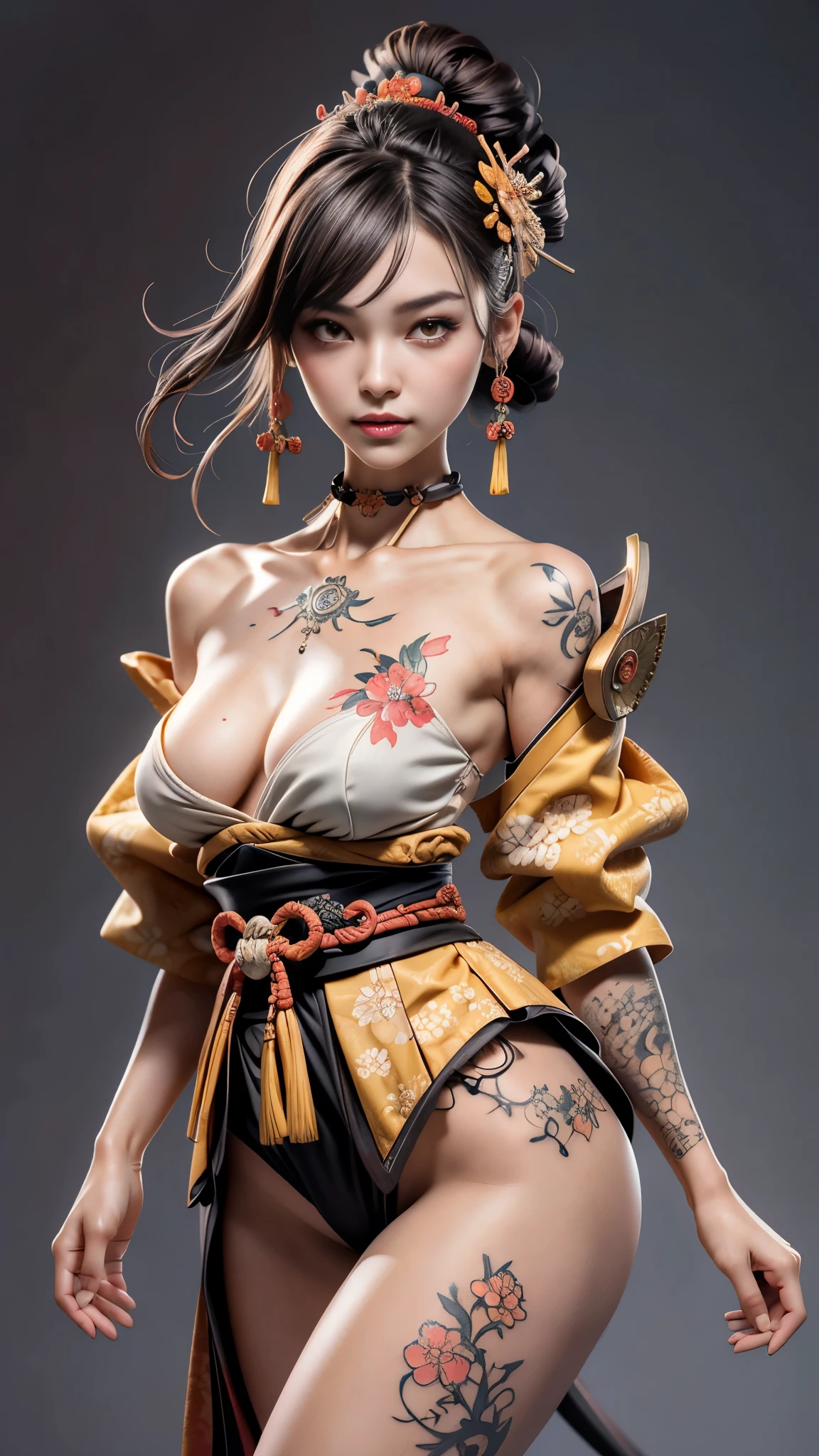 A beautiful 18 year old girl,Dark brown short hair。naked breast enlargement,Small waist,slim body。toothy smile,裸 huge的:1.1, pretty face, yellow eyes, long dark brown hair, through bangs, flower hairpin, Off the shoulders, Skin is very bright, Korean idol makeup, focus on , Shot from a low position from the front, show her, The kinky , , Plum, beautiful curves, , scantily clad,,revealed,revealed,Look, huge:1.1, perfect pubic bone, best quality, Super detailed, The facial details are very rich, Detailed faces: 1.2, round chest, Japanese ukiyo-e samurai style ukiyo-e tattoo style, Ukiyoe tattoo has , show her大腿 , Ukiyoe tattoo on thigh, sexy thighs, bend over, bend over, gesture