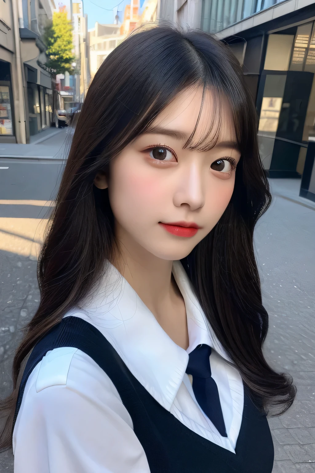 ((highest quality、8K、masterpiece：1.3))、sharp focus：1.2、Beautiful schoolgirl in perfect style：1.4、thin abs：1.2、((long black hair、small breasts：1.2))、(natural soft light、city street:1.1)、Highly detailed face and skin texture、fine eyes、double eyelid、((Uniform 1.5))、