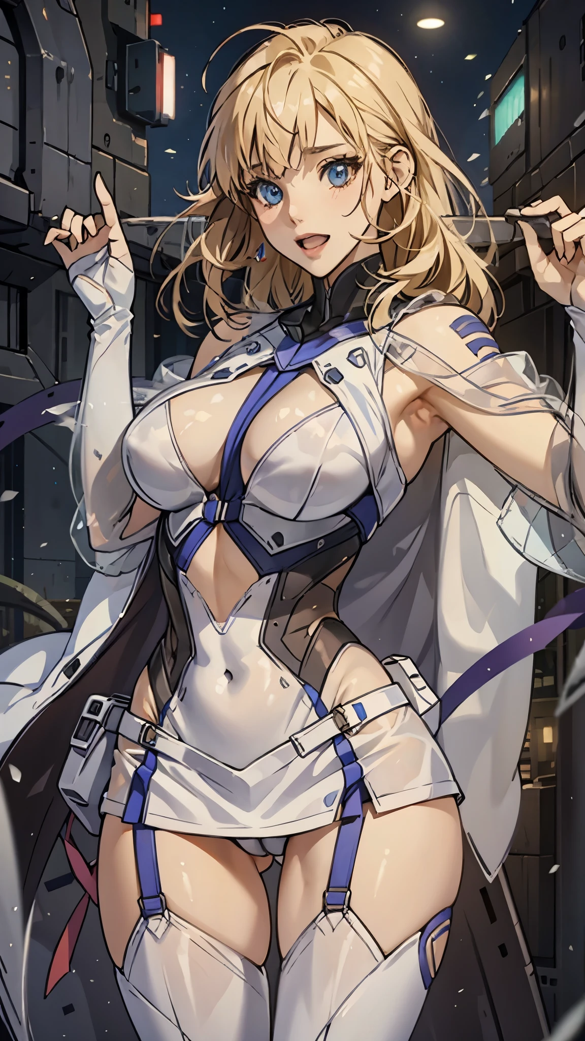 woman,20-year-old,,city,night,((white tight  )),(Harada Makoto),open mouth smile,(((See-through))),((blonde)),long hair