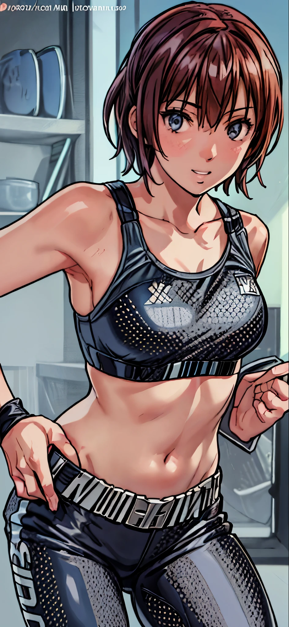 (Best Quality,4K,8K,hight resolution,masutepiece:1.2), Ultra-detailed, (Realistic,photoRealistic,photo-Realistic:1.37), meadow girl, Wearing sweat,grin,hand on hip,((sports bra and black leggings)), wristbands,White loose socks,Black sneakers,Beautiful detailed eyes, Beautiful detailed lips, extremely detailed eye and face, long eyelashes, Realistic anime 3D style, Smooth Anime CG Art, Digital rendering by Makoto Shinkai, Moe Anime Art Style, photoRealistic rendering of an anime girl, Shinkai Makoto style, Cute anime girl visuals, Realistic young anime girl, girl fan art, Created by Anime Artist'studio of.