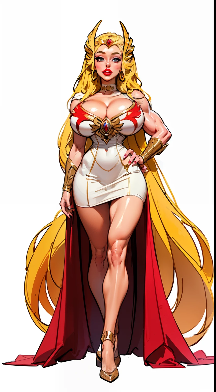 ((she-ra aesthetic)), ((full body view:1.4)), ((masterpiece)),(((best quality))), ((mature face)), defined cheekbones, high cheekbones, illustration, ((muscular:1.3)), ((gold:1.4)), sexy bimbo, (gigantic breasts:1.7) , blonde hair, ((detailed face:1.4)) beautiful woman, (Egyptian:1.4), colored skin, (white skin:1.4) , (red lipstick:1.4), shiny skin, ((skindentation)), scribbles and marks,(puffy lips:1.4) , (temple: 1.5), ( at night: 1.5), rough sketches, pose, 8k,16k, ( background, white background: 1.3) ((warm color palette)), ((ancient aesthetic))