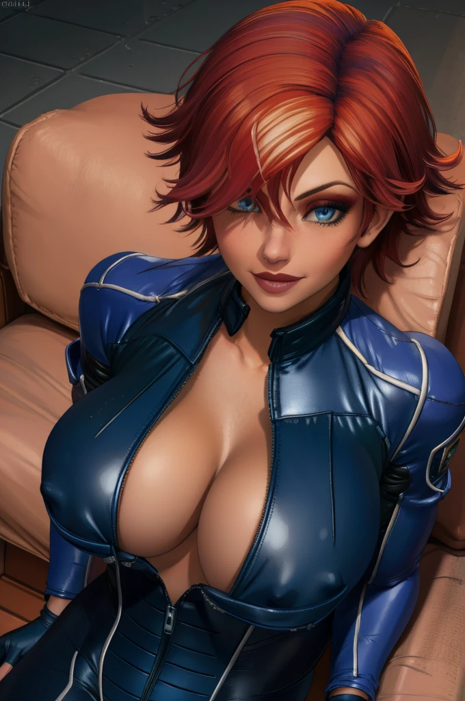 Joanna Dark,solo,short hair,blue eyes,red hair,  blush,  sitting,  from above, 
Blue cropped jacket, bodysuit,gloves,fingerless gloves,unzipped cleavage,    nipples, 
standing, upper body, smile,  teeth, close up, 
cruise ship, night, stars, 
(insanely detailed, beautiful detailed face, beautiful detailed eyes, masterpiece, best quality)