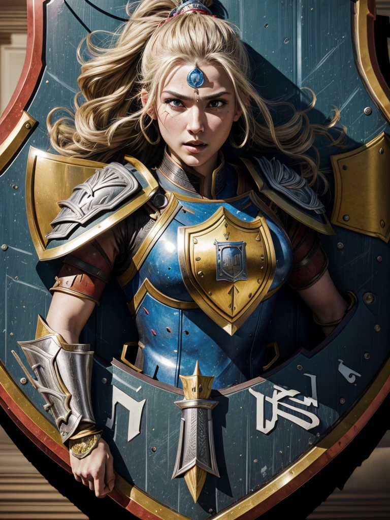 best quality,super detailed,professional,portrait,(female warrior),(Detailed armor),sharp focus,(intense expression),bright colors,(((Ornately decorated shield))),Physically based rendering