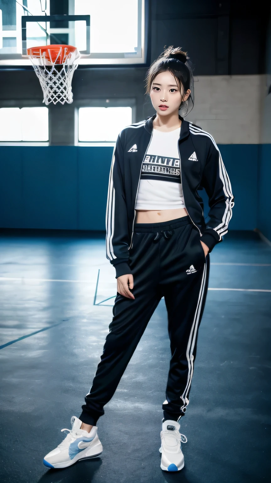 masterpiece, black hair, pure background, beautiful, elegant. Ultra-fine details, masterpieces, realistic textures, realistic cinematic lighting, perfect work, 8k, HD, delicate facial features, full body, Tracksuit, High-top sneakers, Sweatband, Basketball court pose, Enthusiastic expression