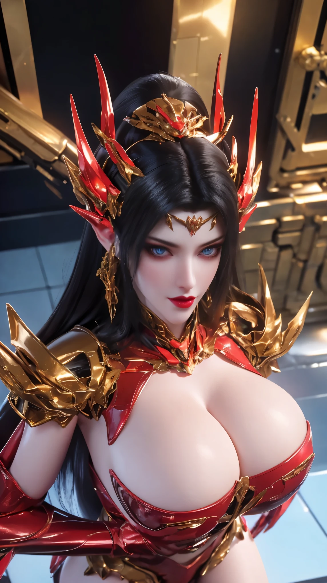(NSFW:1.5), (HYPER-REALISTIC:1.5), AI GIRL GRNERATOR (PHOENIX GOLD HELM:1.1), (GIGANTIC FAKE BREAST:1.5), ((CLEAVAGE:1.5)), (MUSCLE ABS:1.3), (RED SHINY FUTURISTIC MECHA CYBER CROP TOP, BLACK MECHA SKINTIGHT LEGGINGS,POTRAIT:1.5), (VOLUPTUOUS BODY MATURE WOMAN, SWEATY BODY:1.1), (LOOKING AT VIEWER:1.3), (female focus:0.8), (HALLROOM OF FUTURISTIC SPACE STATION:1), (BRIGHT LIGHT WHITE_ROOM:1.3), HYPER TEXTURE, (4X MSAA), ((UNREAL ENGINE 5 RENDER)), PHYSICALLY-BASED RENDERING, ULTRA HIGHT DEFINITION, 16K, 1080P.