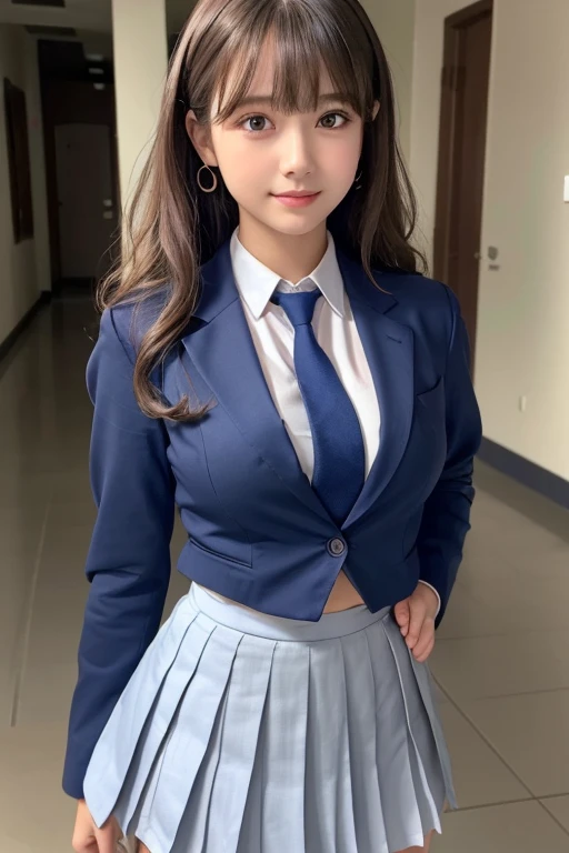8K, highest quality, real image, intricate details, super detailed, Super high resolution, depth field,(realistic,realistic:1.2), Frontal shot , From the middle , 1 girl, Eye_Chan, very beautiful 17 year old girl, innocent big eyes,、beautiful breasts:1.5、(highly detailed eyes:1.2)、(beautiful breasts:1.1)、wavy hair、curly hair、bangs、, perfect skin, Fair skin, cleavage, tight waist, light blush, alone, looking at the viewer, light smile、((School_uniform),(dark blue blazer), (white shirt、Wearing a tie), (gray pleated skirt), (sculpture installation :1.1)、The hem of the shirt is inside the skirt、High School Hallway