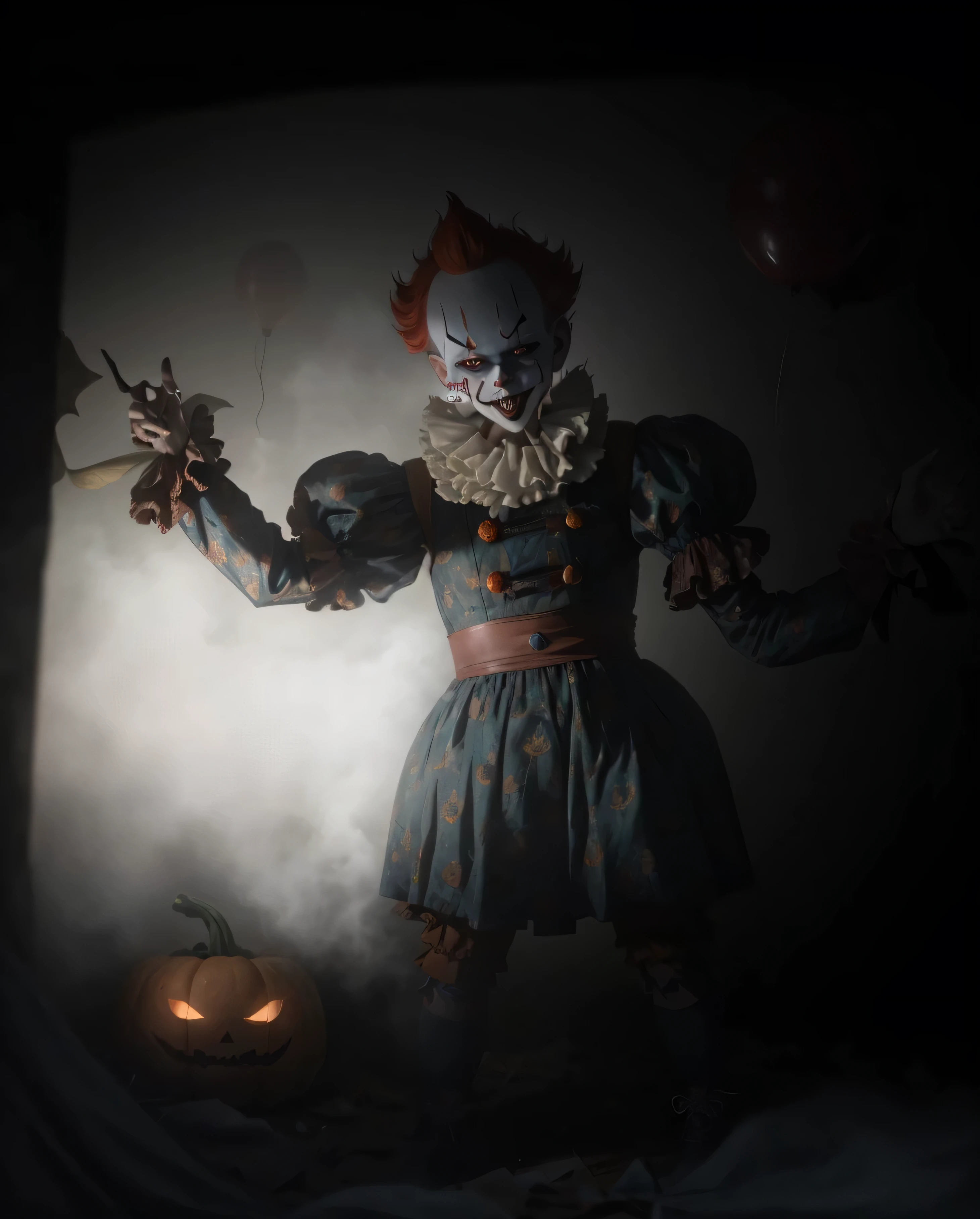 pennywise, pennywise theme, morcegos, circo, bat, pennywise style, stephen king as pennywise,circus，jocker，Scary animals，pumpkins，the bats，Stage effects，stage lighting，Stage surrounded by smoke，True ray tracing.