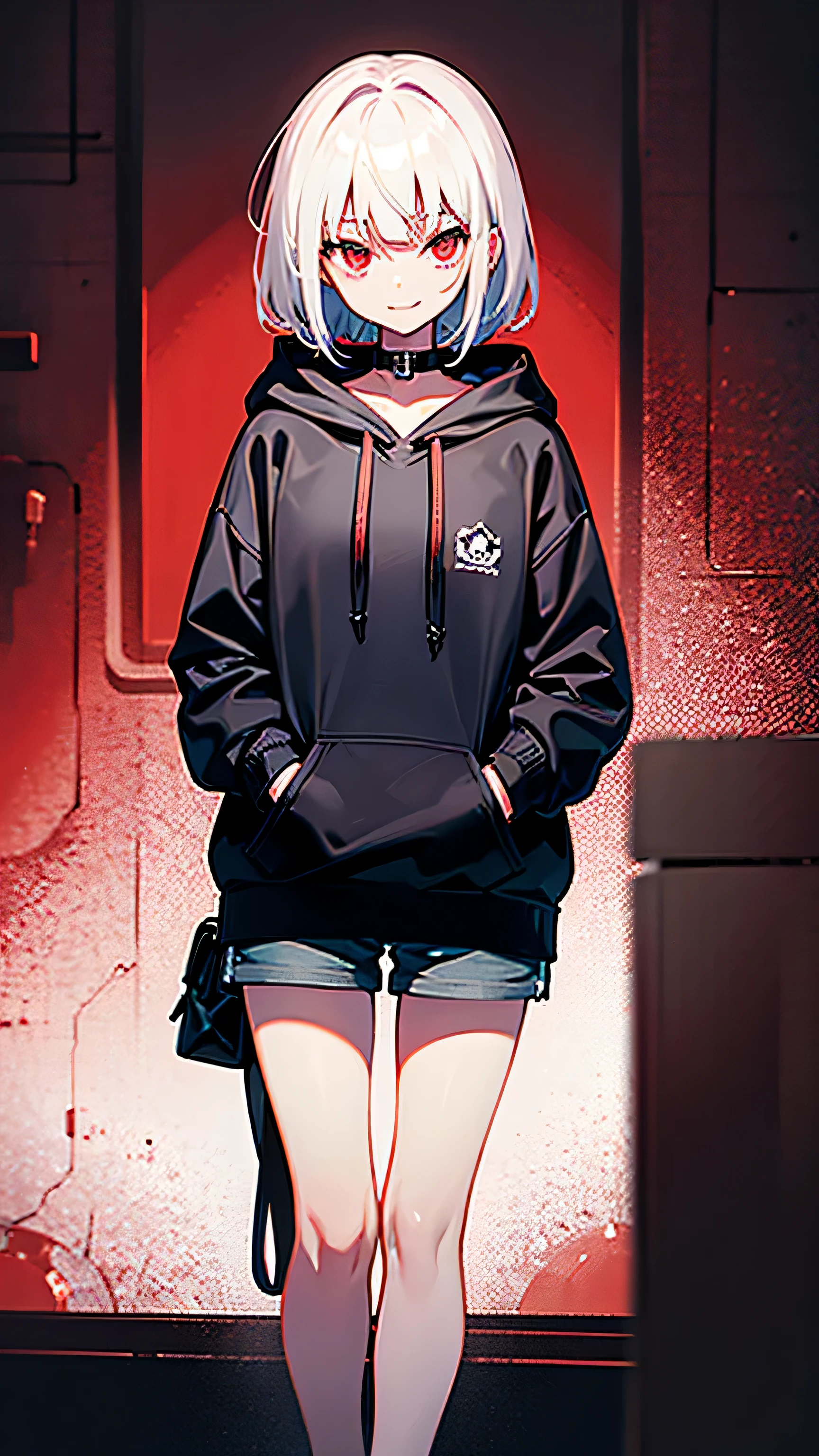 a seemingly ordinary girl with a dark secret, short white hair, dark red eyes, wearing black plain hoodie, black sshorts、holding a bloody knife..., In the dimly lit room、she look at the viewer with fearful smile,（Anime style)