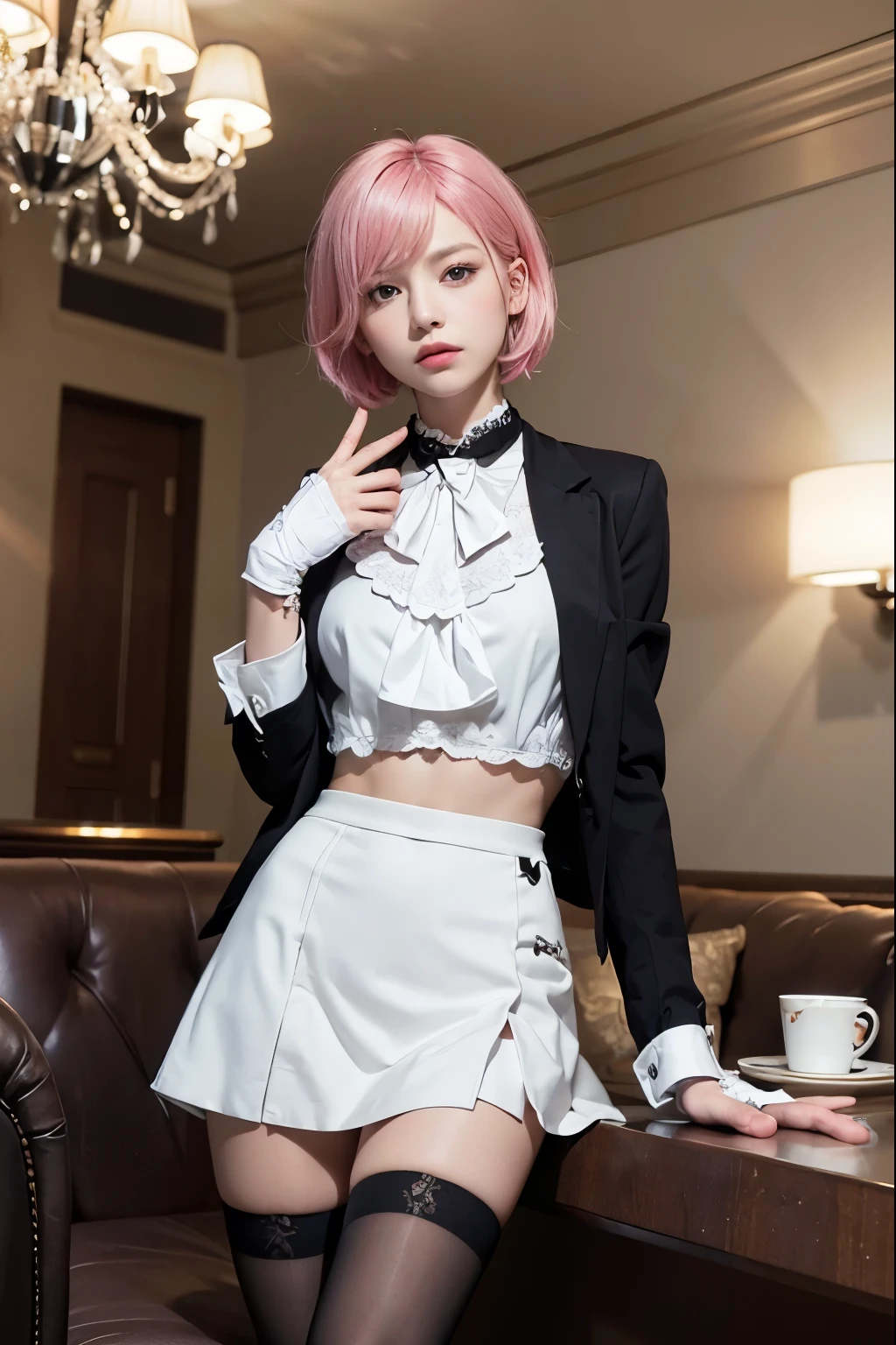 (8K, top-quality, masterpiece:1,2), (reallistic, Photorealsitic:1.37), Super Detail, One girl,), (Highly detailed), (beautifully detailed eyes), (of the highest quality), (super detailed ), (masterpiece), (Detailed face),20yr old, ,1 girl, ((pink hair,Very short hair)), medium breasts, clothed, Perfect Lighting, (black tailored jacket:1.3), (white blouse:1.2), (black tight skirt:1.4), (slim and sharp silhouette:1.5), (white piping on jacket and skirt:1.2), (lace on collar and cuffs of blouse:1.2), (black stockings:1.2), (black pumps:1.2), (white gloves:1.2), (black tie:1.2), (silver brooch:1.2), BREAK standing, bangs on left side, right side tucked behind ear, serious and cool expression, looking at camera, holding tray with right hand, lifting jacket hem with left hand, pointing at silver brooch on collar, full body shot, luxury hotel lobby, sofa, table, chandelier, ceiling light, soft shadow, calm color tone
