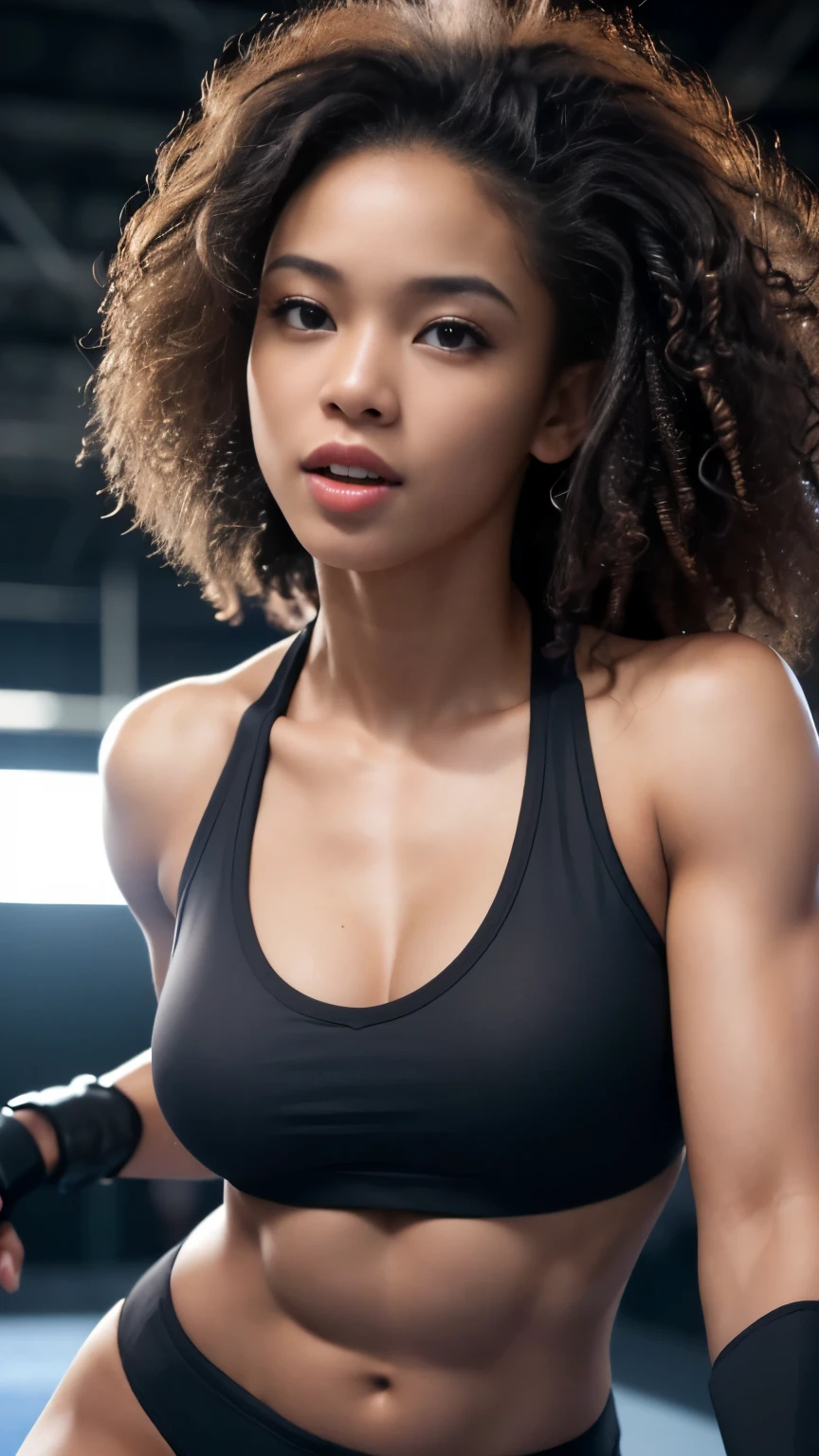 (dynamic photograph of a 18 year old Melanesian girl), (slim top, skimpy G-string, MMA gloves), (((straight non curly hair))), (highly detailed face:1.4), (muscles:1.3), (background inside light, bright, private gym:1.1), (8k, uhd, dslr, high quality, cinematic lighting, bokeh), (dramatic, award winning photography, incredible masterpiece:1.3), (((sexy sultry stare and smile at camera:0.8))), close up, ((she is ready to suck your manhood:1.3)), ((beautiful feminine face)) she is a champion MMA fighter
