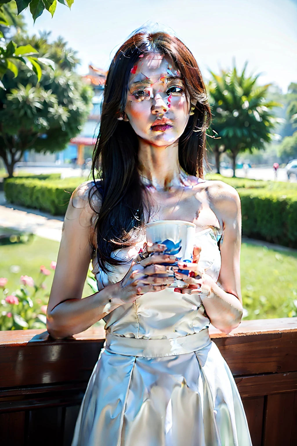 arafed photo of a woman holding a cup of coffee, zmonzheng, jia, summer morning, inspired by Song Maojin, xintong chen, official artwork, li zixin, inspired by Fenghua Zhong, good morning, jingna zhang, fanart, sha xi, album cover, morning, inspired by Sun Kehong, official