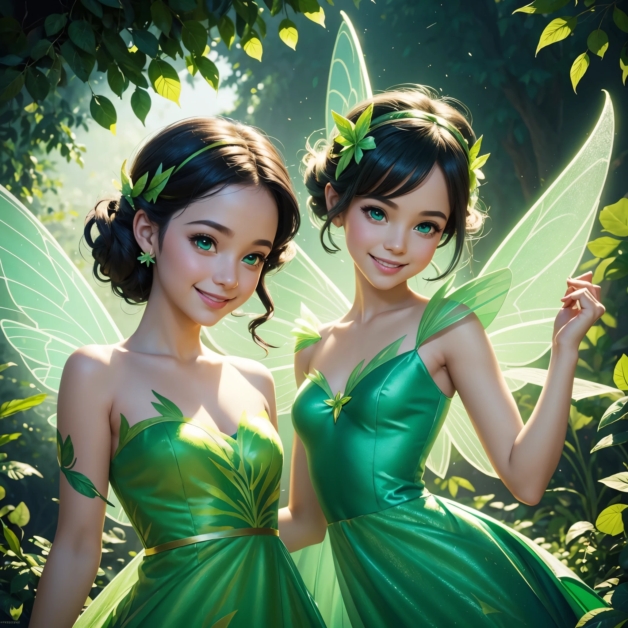 Create a Disney-style Fairy with a green leaf dress. Fluorescent wings. Flying. Turn it into a Disney - Pixar style cartoon illustration. Background with nothing, open eyes, smile, perfectly centered!! full body portrait, cinematic lighting, raking, artgerm painting.