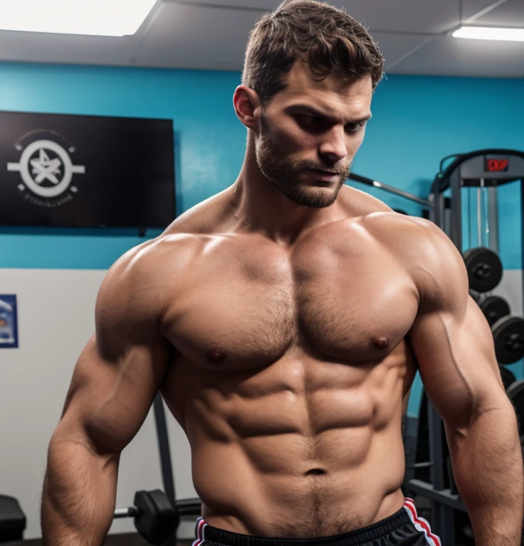 Jamie Dornan arrogante cabelo loiro, masculino e robusto, masculino sexy, maxilar marcando,sem camisa, Jason momo, masculino e bonito, strong masculine traits, Christian cline, short preto de um macho bonito, he is a rock star, rasgado, o extremamente quente e sexy, macho atraente, usando bermuda azul sem camisa , cabelo preto buzzcut, He's in a gym , fot4k