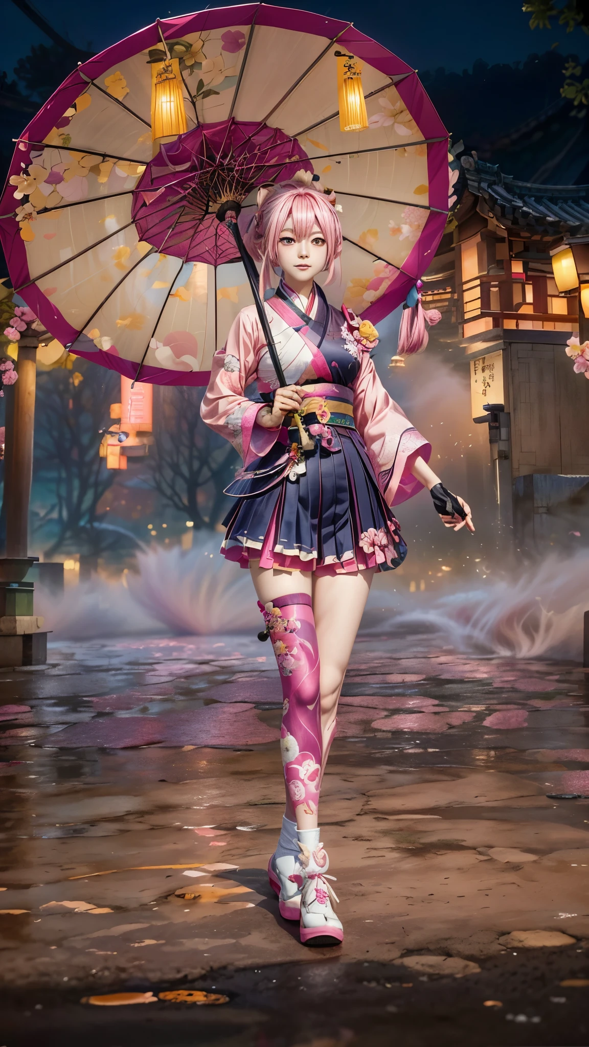 anime girl with pink hair and a pink umbrella in a courtyard, zhongli from genshin impact, keqing from genshin impact, full body xianxia, inspired by Pu Hua, inspired by Lü Ji, inspired by Ren Xiong, vi from arcane, katana zero video game character, ayaka game genshin impact, inspired by Hong Ren
