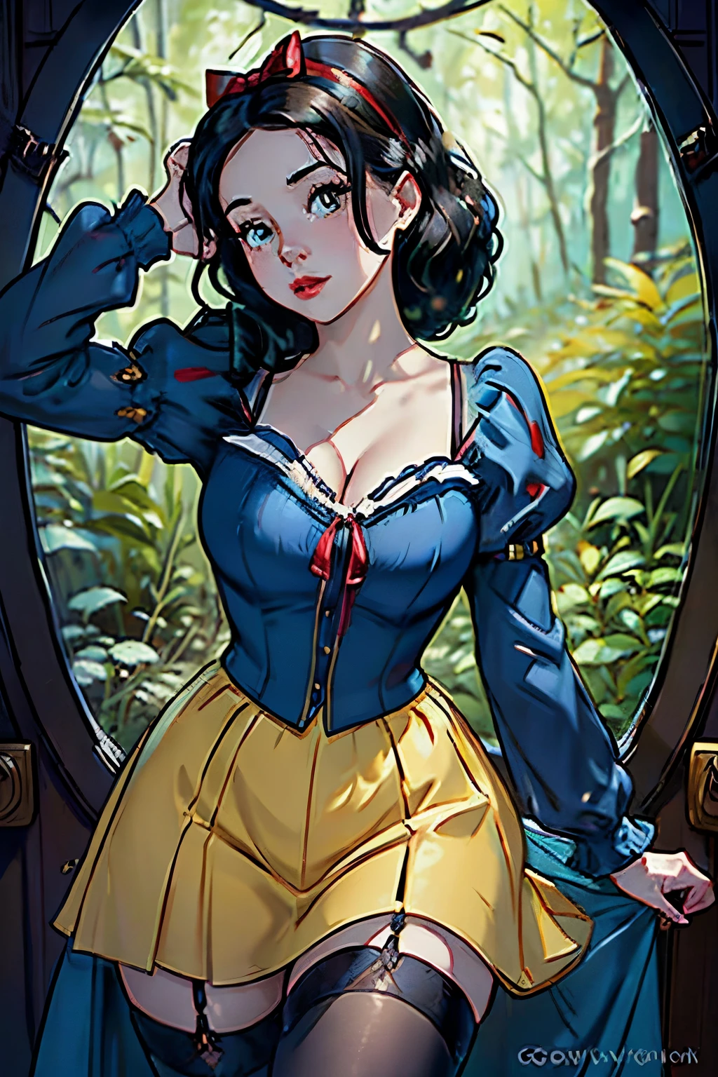 Generate a revealing pin-up illustration showcasing Snow White in a playful and alluring pose. Picture Snow White wearing a pin-up version of her iconic dress, maintaining the classic color palette of yellow, blue, and red. Show her large breasts and cleavage pushing up from a leather corset barely covered by her (blue blouse:1.2). The (yellow skirt:1.2), should fall mid thigh showing off a garter belt connected to thigh high stockings. It should have a flirty and modern twist, emphasizing her curves.

Pose Snow White with one hand resting on her hip, accentuating her hourglass figure, while the other playfully holds an apple, a nod to the famous poisoned apple from her story. Her short dark hair, adorned with a (red ribbon or bow:1.2), cascades in loose waves, framing her delicate face. Put her inside the woodland cottage, perhaps next to a window or Dutch style door looking outside into the enchanted wood in springtime.

Ensure the overall ambiance exudes a blend of vintage pin-up allure and the timeless charm of Disney's Snow White, capturing her sweet yet captivating persona in a visually striking composition. Beautiful eyes, shining eyes, super detailed, perfect eyes, SnowPrincessw
dress
puffy sleeves
skirt