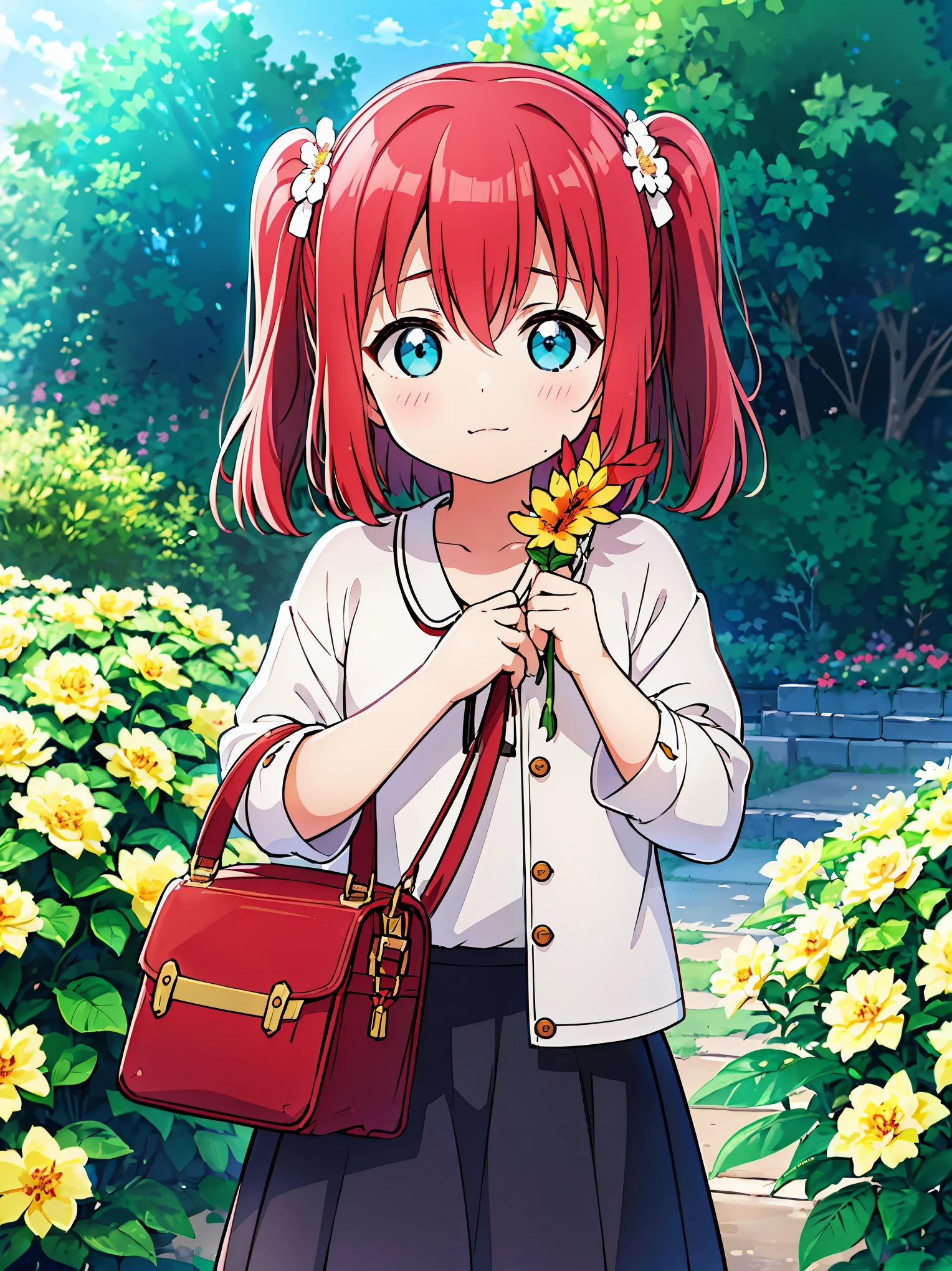 Ruby kurosawa, aqua eyes, medium hair, red hair, two side up, twintails, girl, ((((holding a Flower viewing it to the viewer))),