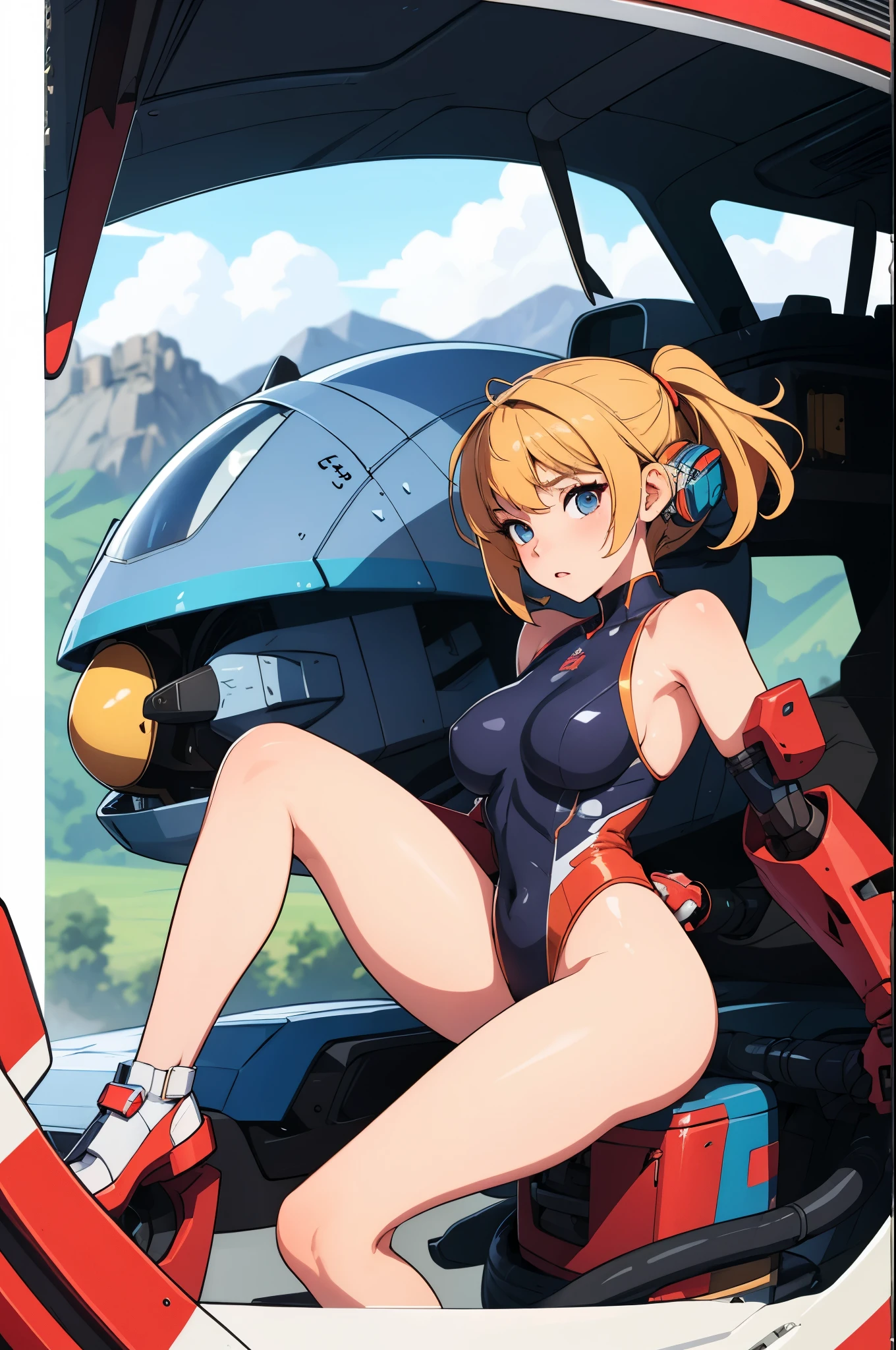 (masterpiece),( best quality), 1girl, pilot, giant robot, leotard, bare legs