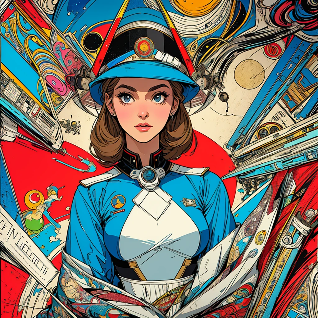 (((highest quality))),masterpiece,1 woman,((the perfect person)),((Super beautiful woman)),detailed perfect face,retro,vintage,classic,60's,70's,80's,old movie posters,abstract,((スペーススリラーmovie poster)),(Futuristic),Geometric pattern,very delicate,movie poster_white frame,universe,Milky Way,planet,,propaganda,universe飛行士,breast enhancement,