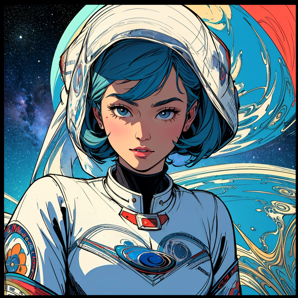 (((highest quality))),masterpiece,1 woman,((the perfect person)),((Super beautiful woman)),detailed perfect face,retro,vintage,classic,60's,70's,80&#39;s,old movie posters,abstract,((スペーススリラーmovie poster)),(Futuristic),Geometric pattern,very delicate,movie poster_white frame,universe,Milky Way,planet,,propaganda,universe飛行士,breast enhancement,
