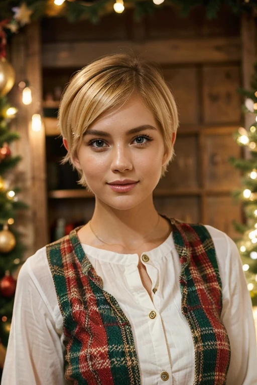 Amid the festive atmosphere, a woman with short blonde hair. Wearing authentic clothing, she embodies the vibrant spirit of the occasion with a touch of quirky elegance. its charming look, adding a touch of charm to the ensemble.