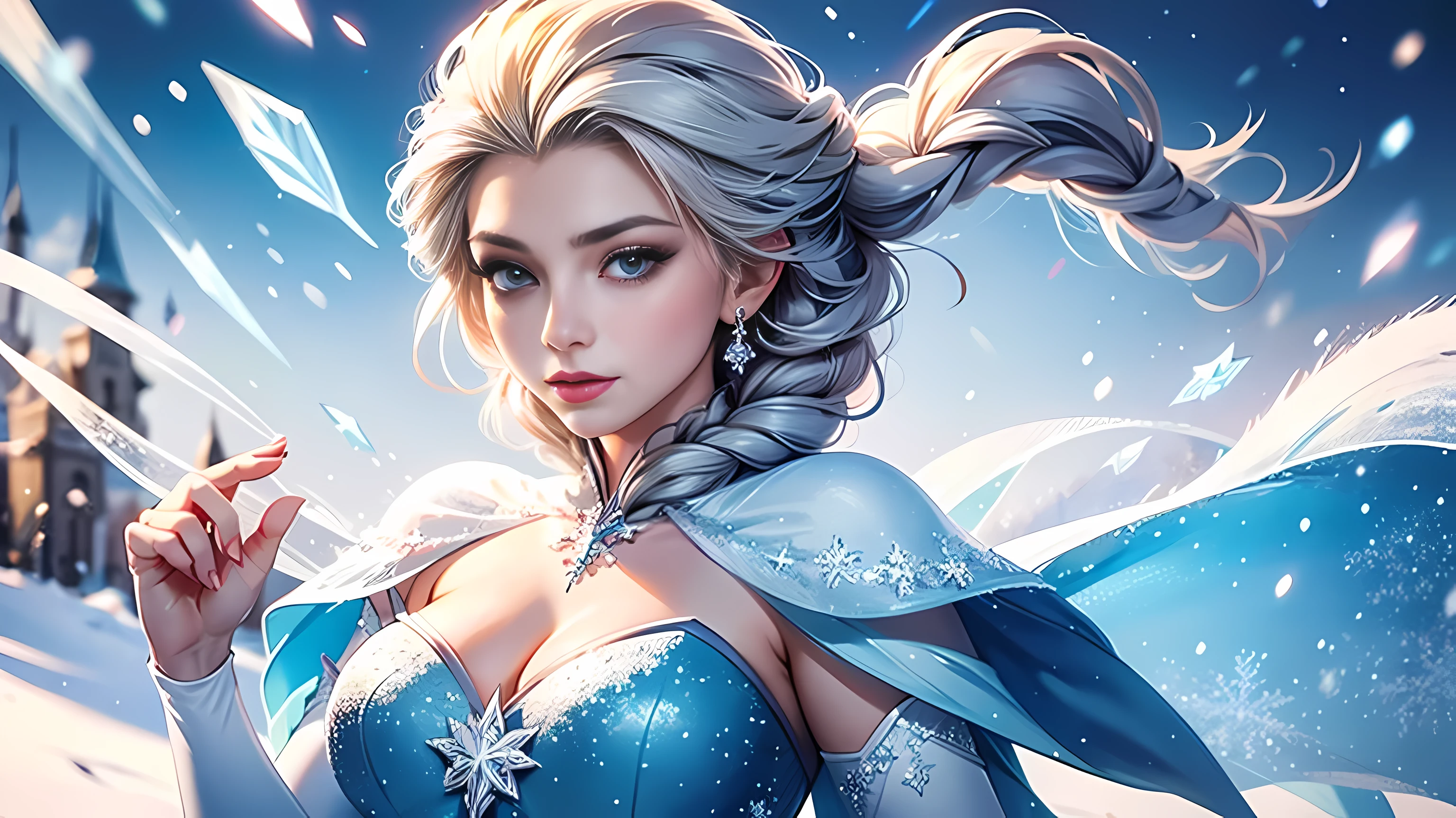 Queen Elsa，whole body，Breasts are super big，Snow background，iOS depth scene，Insect slit detail