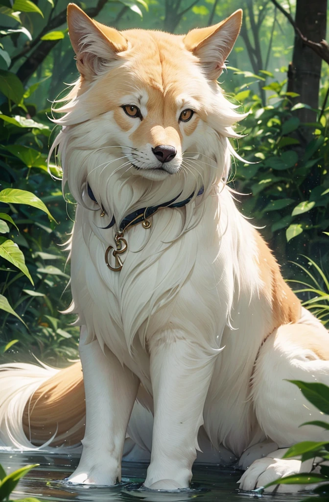 (best quality,4k,highres,masterpiece:1.2),ultra-detailed,realistic,photorealistic:1.37,a female nine-tailed fox,beautiful detailed eyes,beautiful detailed lips,extremely detailed fur,long fluffy tails,graceful posture,shimmering gold fur,lush green forest background,sunlight filtering through the leaves,vibrant colors,ethereal atmosphere,traditional ink painting style,dreamy and mystical,subtle color gradients,soft and delicate lighting.