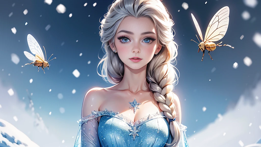 Queen Elsa，whole body，Breasts are super big，Snow background，ios deep scene，Insect slit details