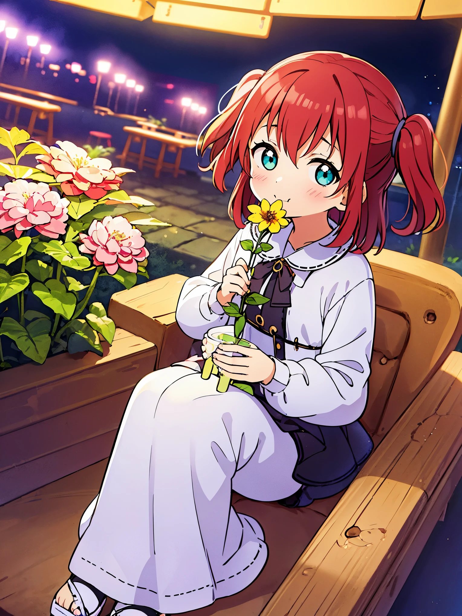 Ruby kurosawa, aqua eyes, medium hair, red hair, two side up, twintails, girl, ((((holding a Flower viewing it to the viewer))),