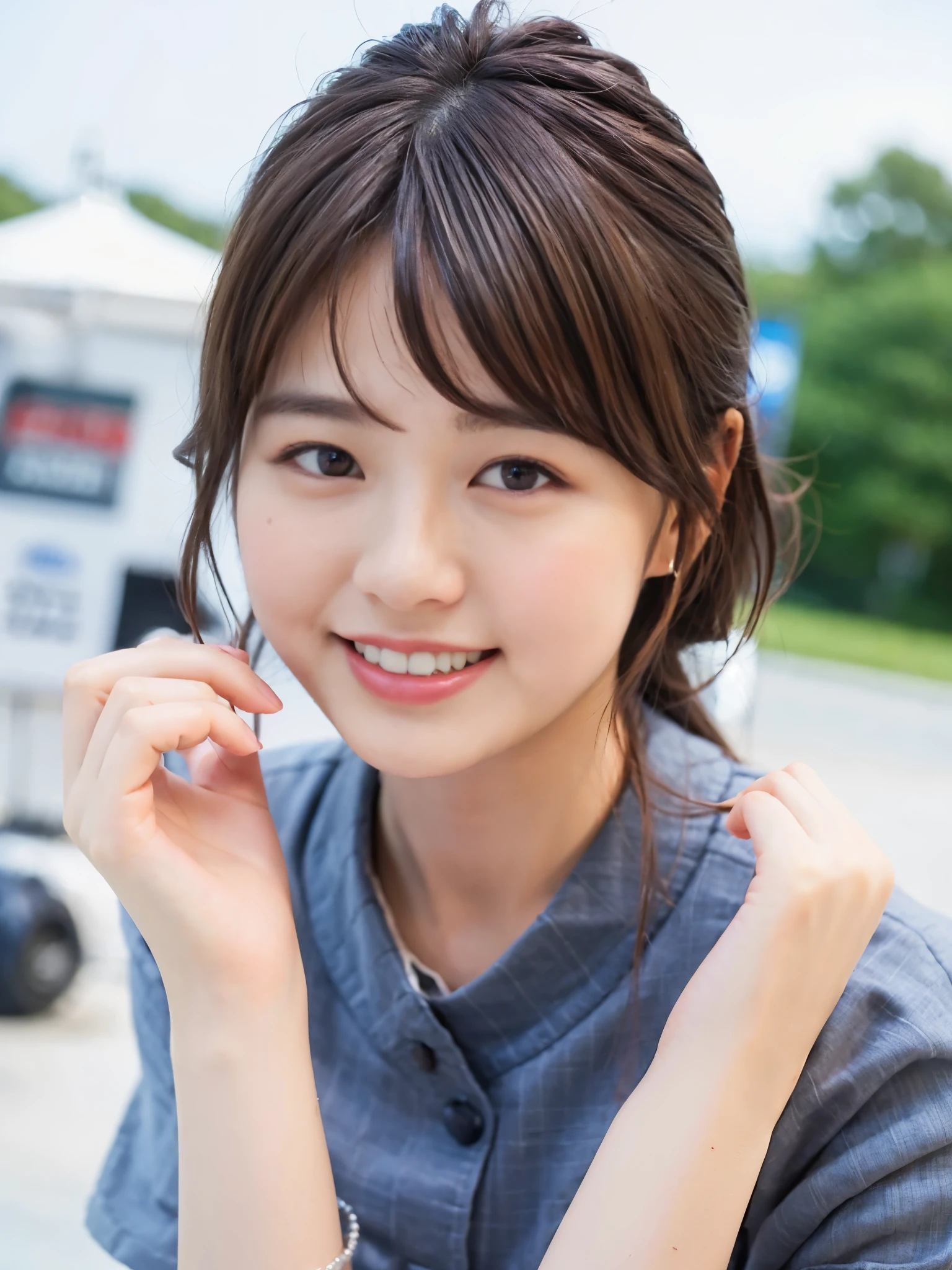 ((highest quality, 8K, masterpiece :1.3)), 1 girl, smile, whole body, slim face, Beautiful woman, (dark brown hair), full length dress :1.1, super detailed face, fine eyes, double eyelid, blur background, slim face, city, outside, street,