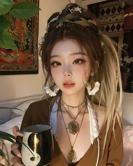 red-haired girl,in a beautiful garden,surrounded by vibrant flowers and lush greenery,soft sunlight filtering through the trees,an enchanting atmosphere, twice's chaeyoung 