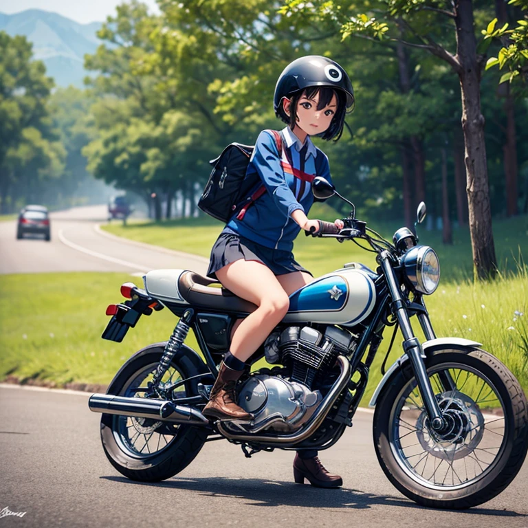 high quality,Super Cub,Honda,delivery bike,High school girl,jet helmet,black hair,brown eyes,short bob cut,young face,uniform,On the road,country road