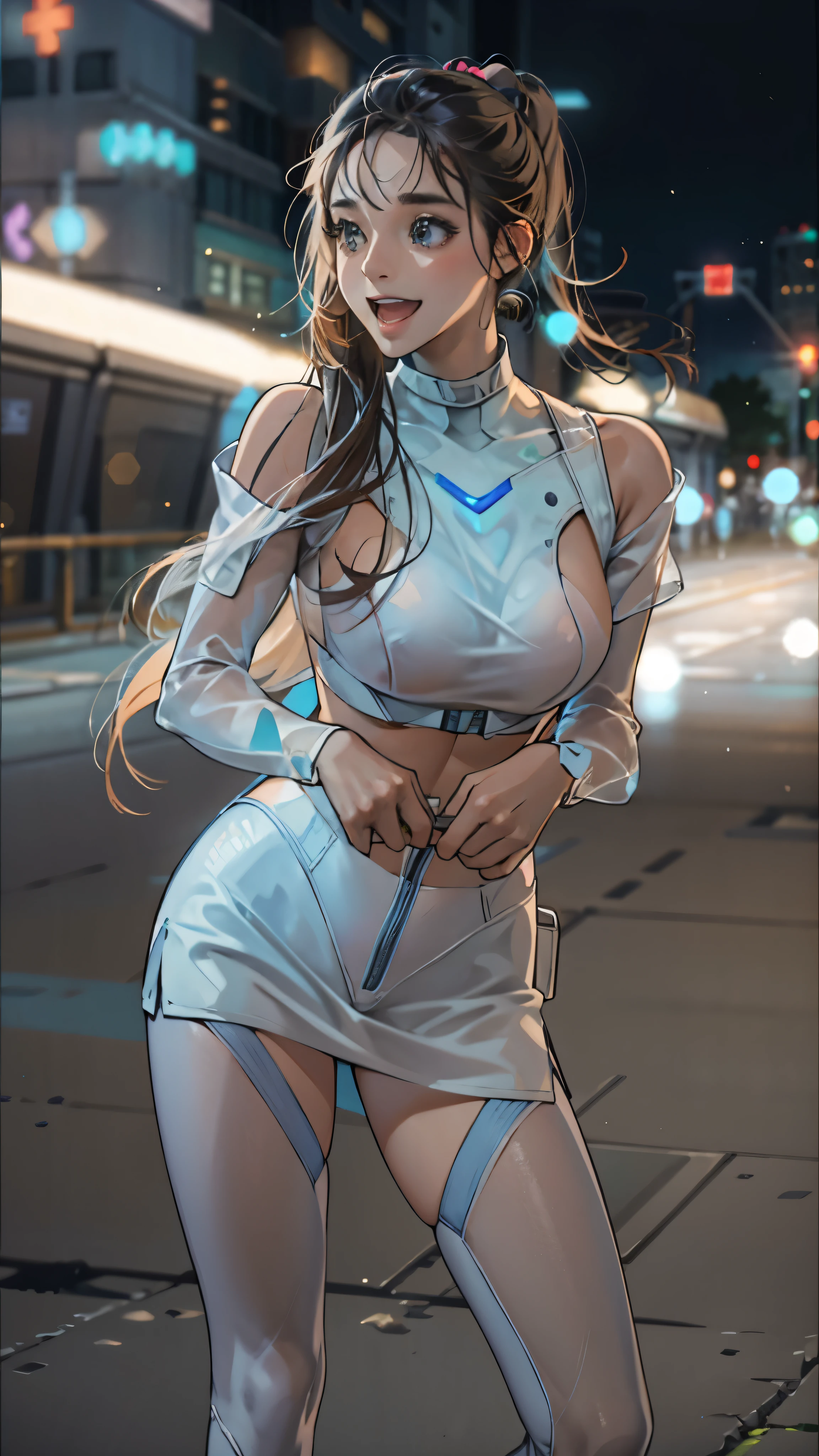 woman,20-year-old,,city,night,white tight miniskirt bodysuit,(),open mouth smile((See-through))Glasses,((Beautiful long ponytail))