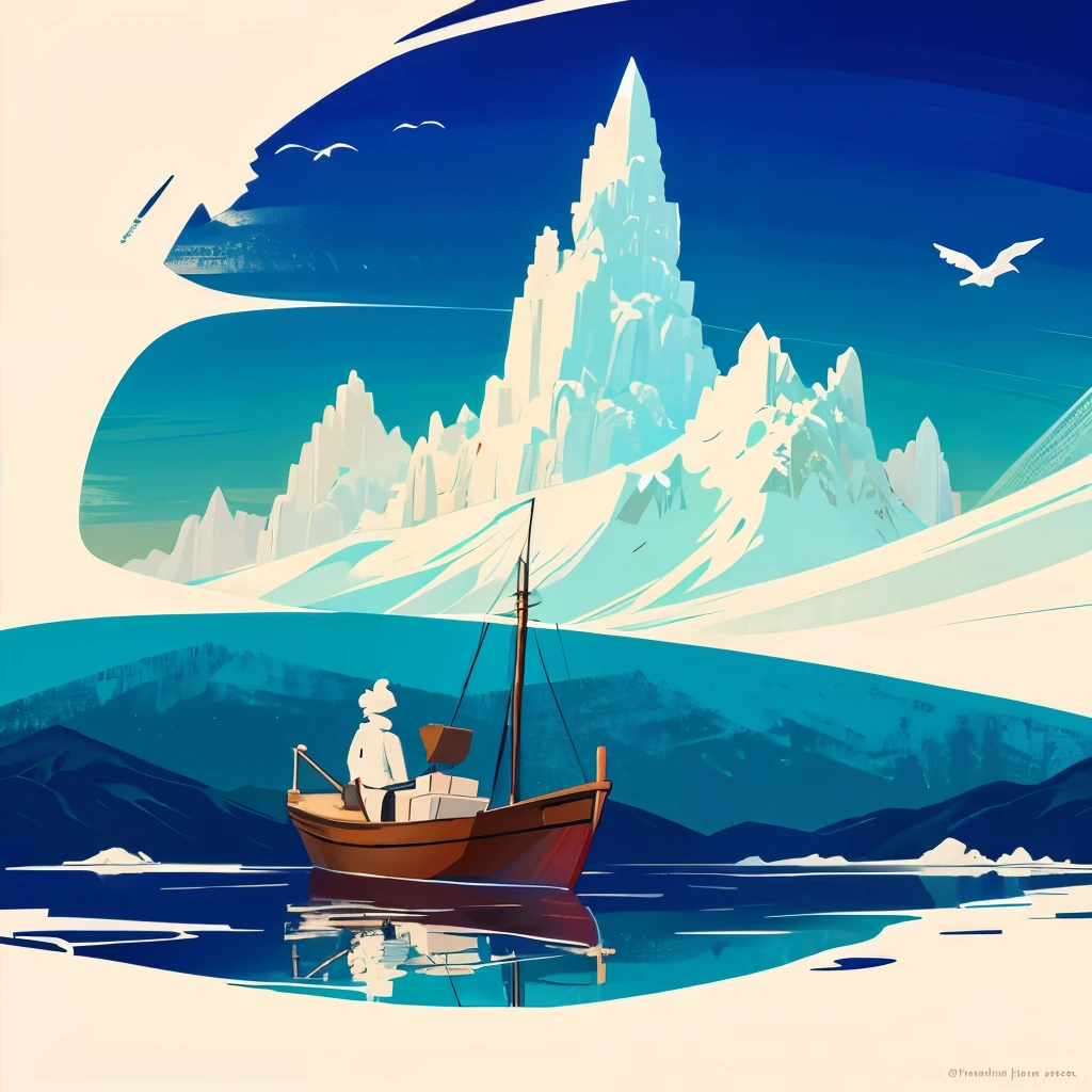 Formed by the three letters WDM a man is in a boat on the sea looking up at the towering snowy mountains in the distance, luminous material, premium, graphic, single logo, Fabian Wagner Cinematography, Tim Jacobs Art , white eagle icon, mlp fanart, centered position, my perspective, inspired by Anne Albers, vines. tiffany blue