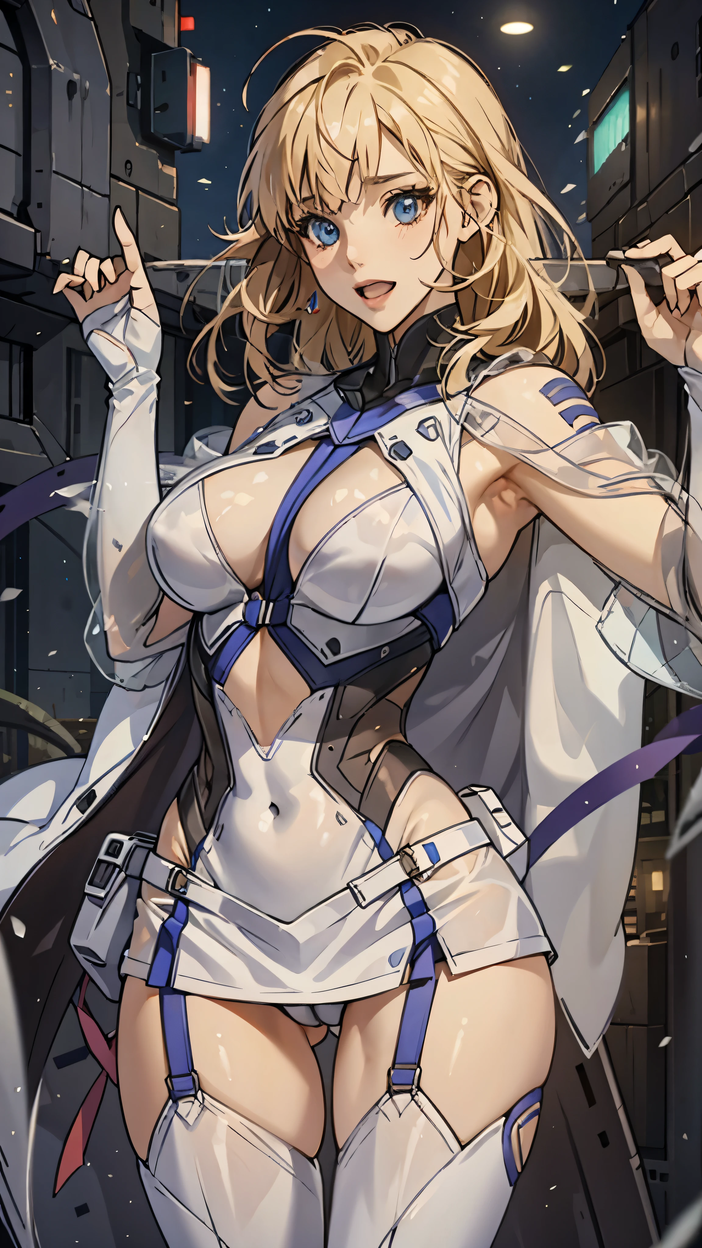woman,20-year-old,,city,night,((white tight miniskirt bodysuit)),(Harada Makoto),open mouth smile,(((See-through))),((blonde)),long hair
