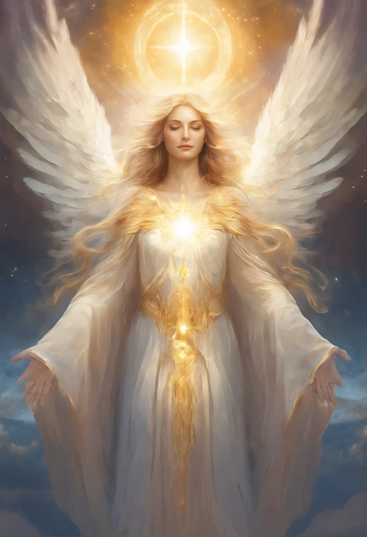 realistic, (surreal:1.2), beautiful, masterpiece, highest quality, highly detailed face, perfect lighting, nice hands, perfect hands, The sacred and shining angel of heavenly splendor, (existence of heaven:1.2), (calm expression), (majestic wings), (fantastic shine:1.1), (peace and comfort), (transcendental beauty), (God's grace), (symbol of purity), (Golden halo), (uplifting atmosphere), (celestial realm), (spiritual enlightenment), (Calm and protective), (Illuminating light:1.2), (seraphic figure), (harmony and tranquility), (Angel robes), (Timeless celestial bodies), (enchanting aura), (healing and guidance)